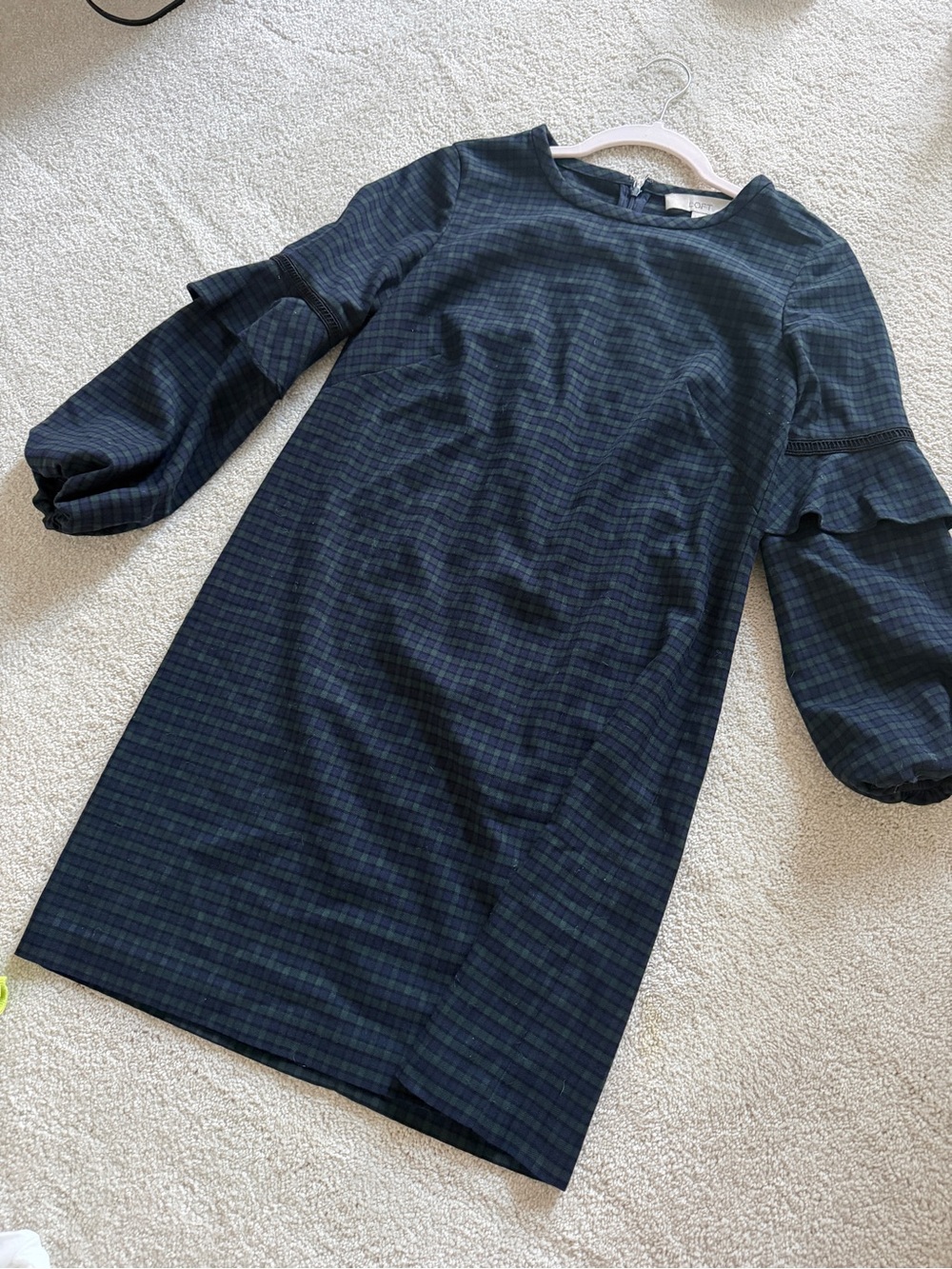 LOFT Navy and Dark Green Plaid Long Sleeve Shift Dress
